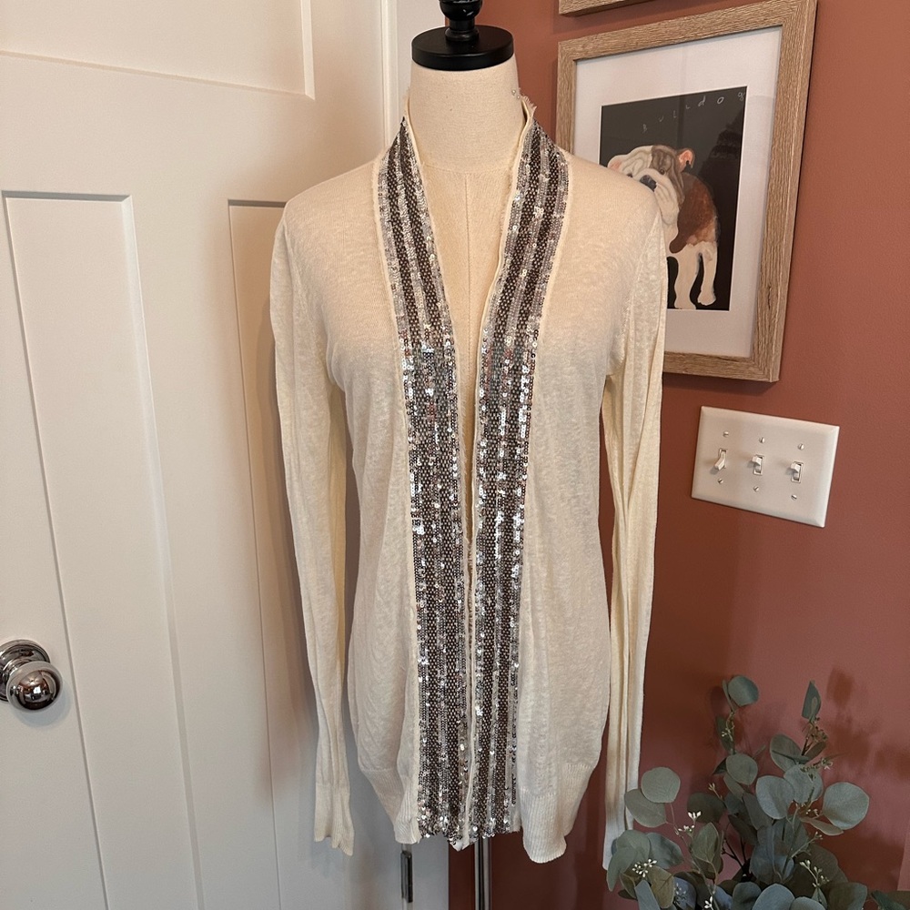Tory Burch linen blend cream thin silver sequins trim S thin sweater cardigan